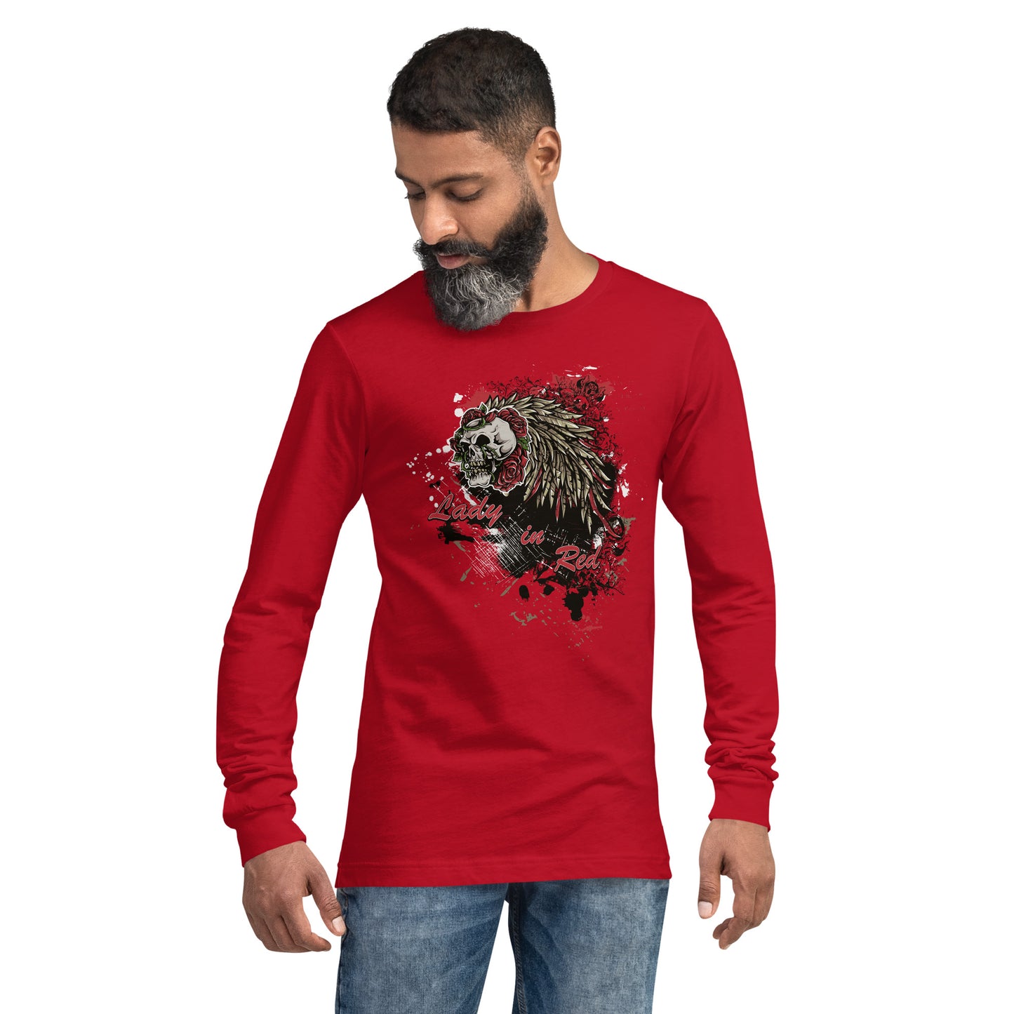 Lady In Red Skull with Feathers & Roses Heavy Grunge Unisex Long Sleeve Tee