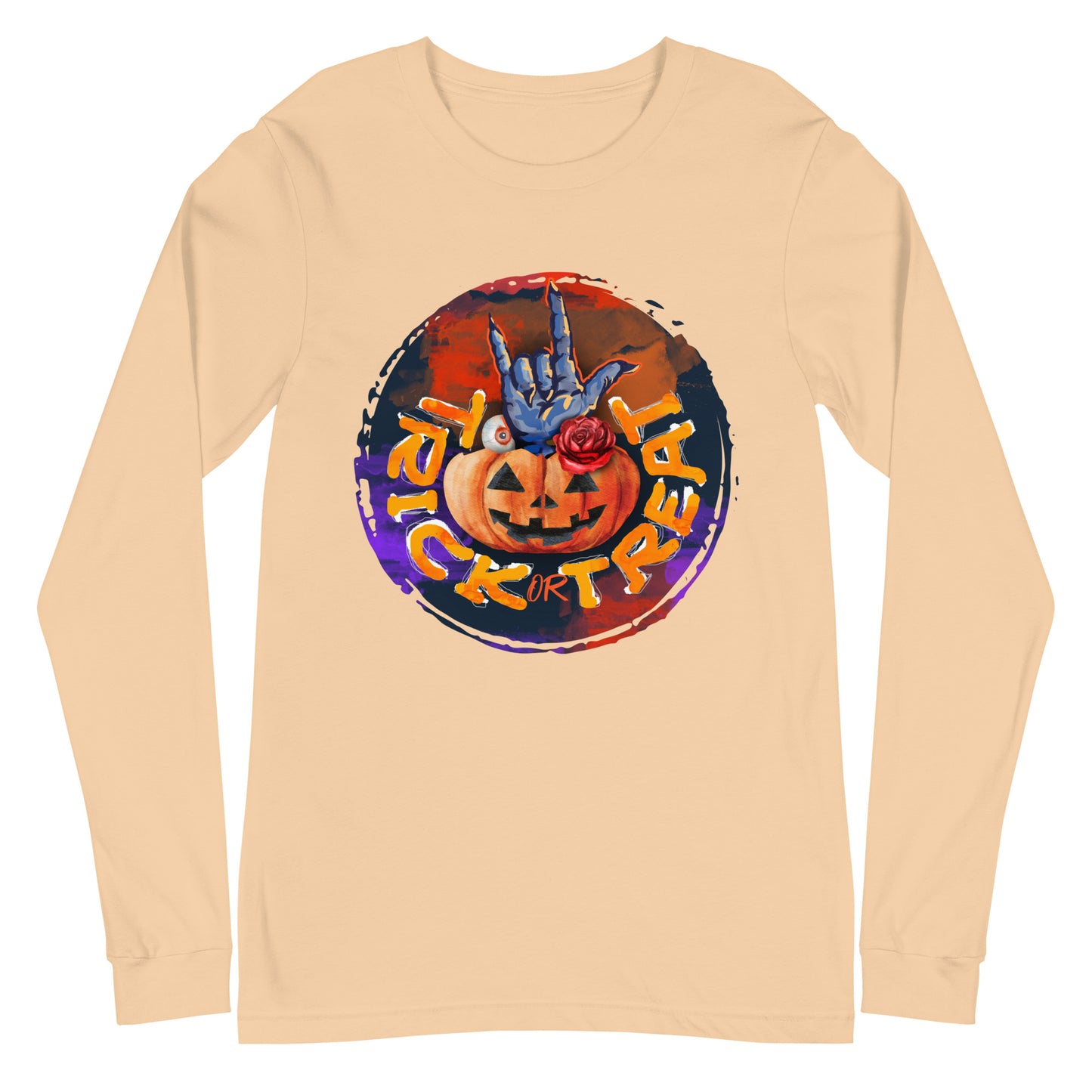 Trick or Treat Retro Design Halloween Pumpkin with Hand Unisex Long Sleeve Tee