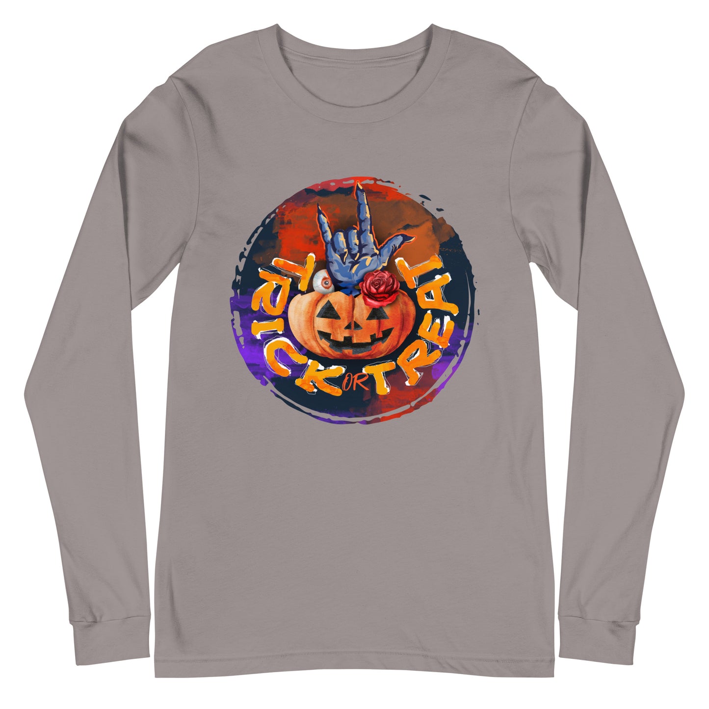 Trick or Treat Retro Design Halloween Pumpkin with Hand Unisex Long Sleeve Tee