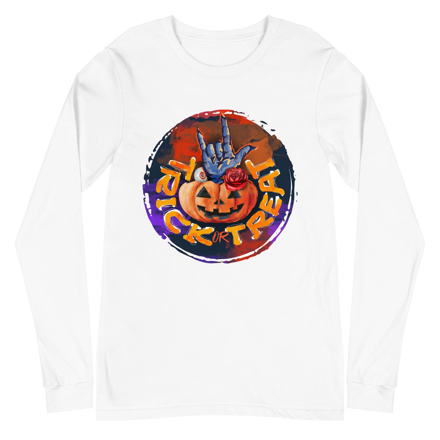 Trick or Treat Retro Design Halloween Pumpkin with Hand Unisex Long Sleeve Tee