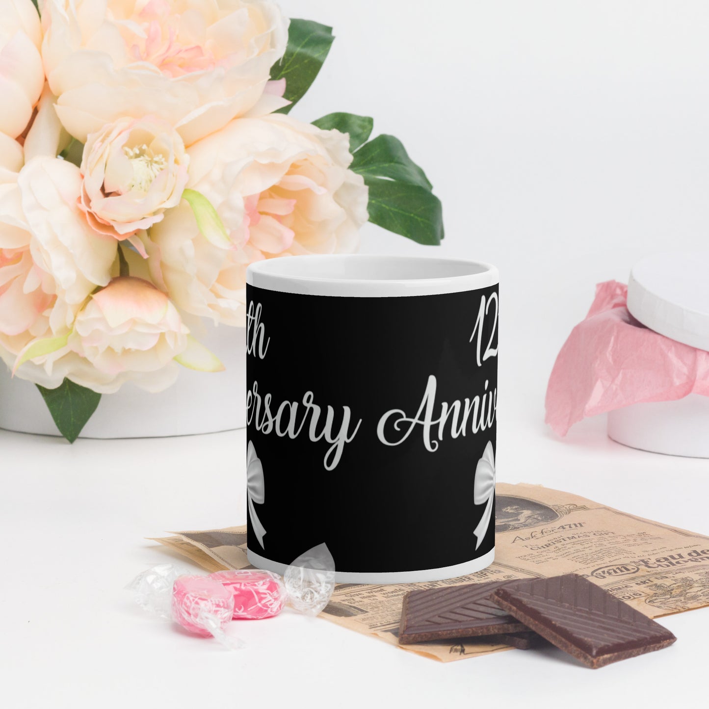 12th Anniversary White glossy mug