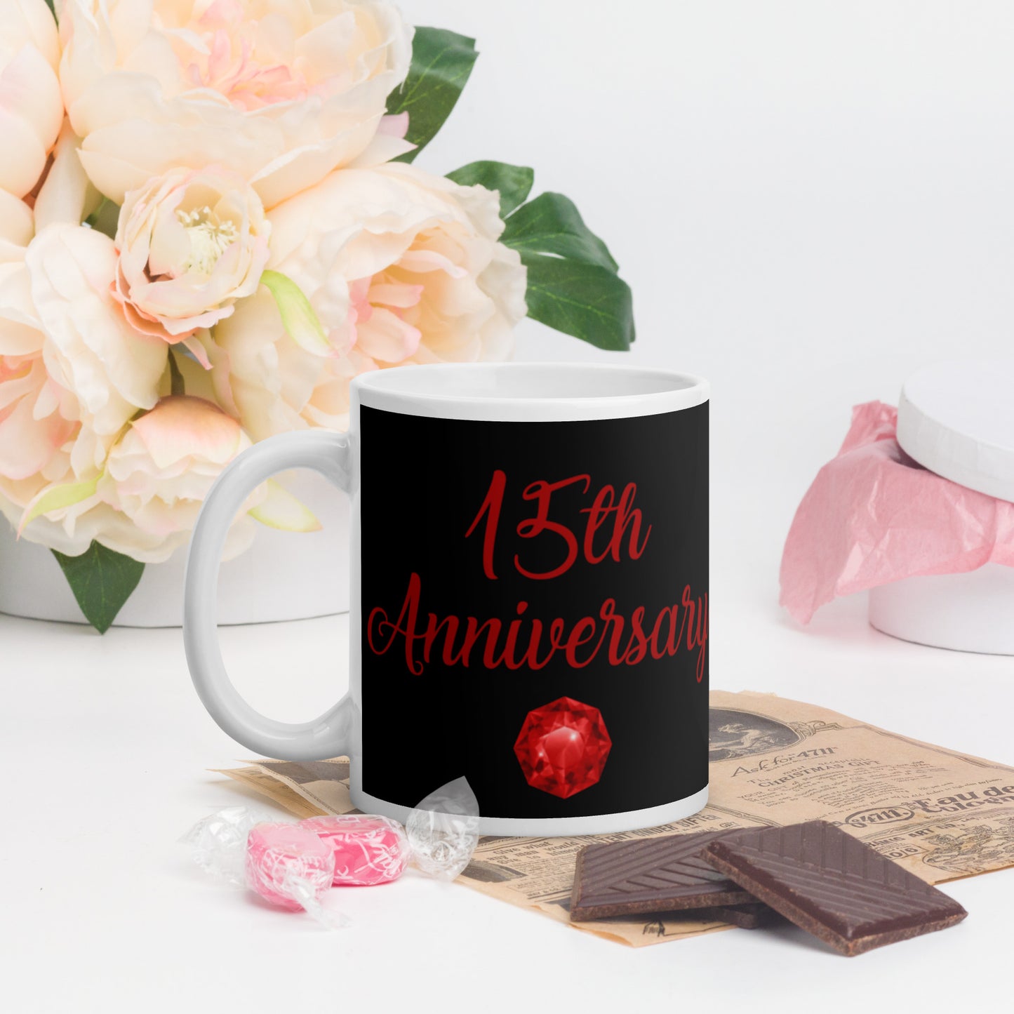 15th Anniversary White glossy mug