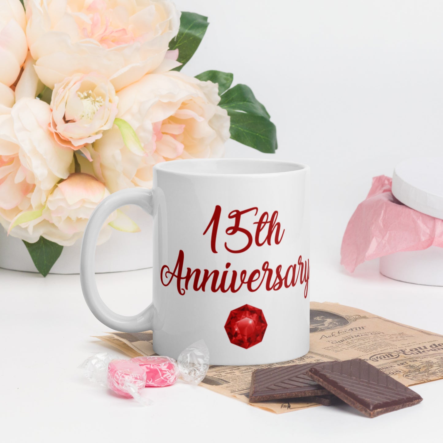 15th Anniversary White glossy mug