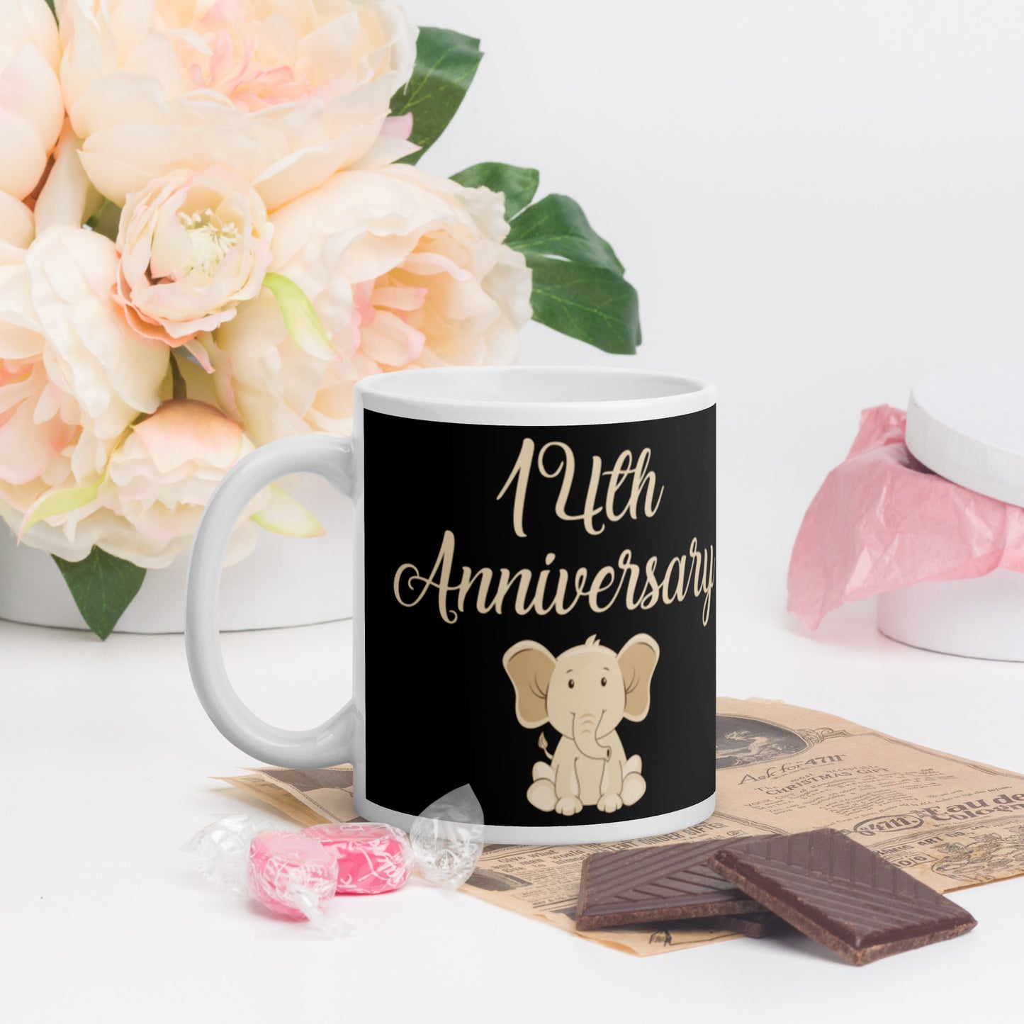 14th Anniversary White glossy mug