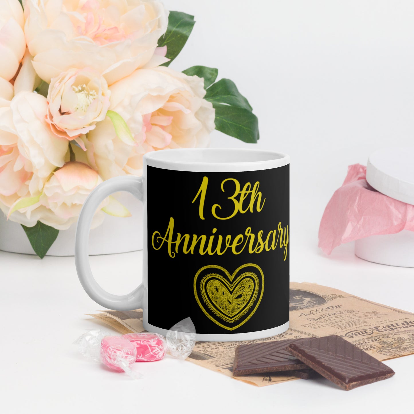 13th Anniversary White glossy mug