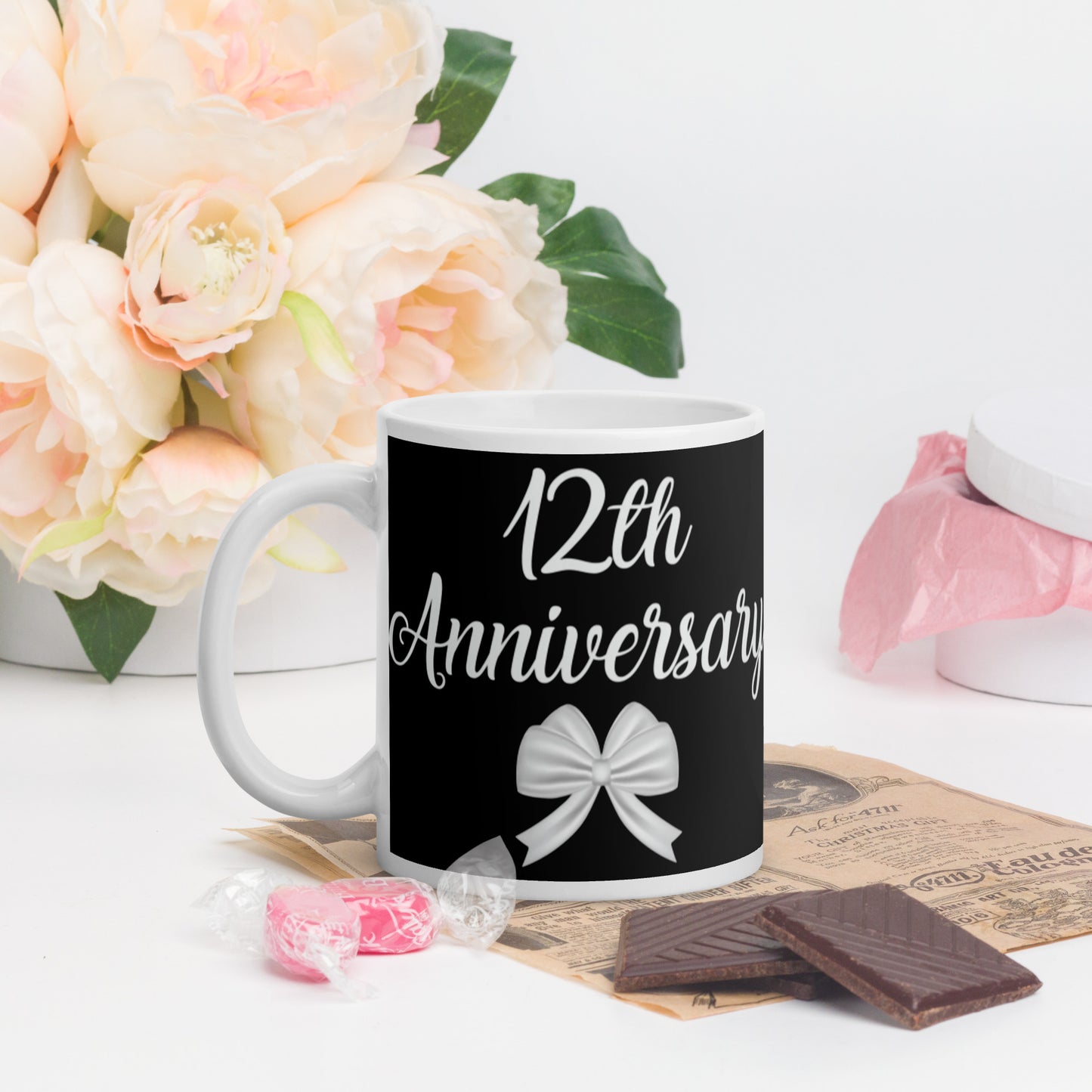 12th Anniversary White glossy mug