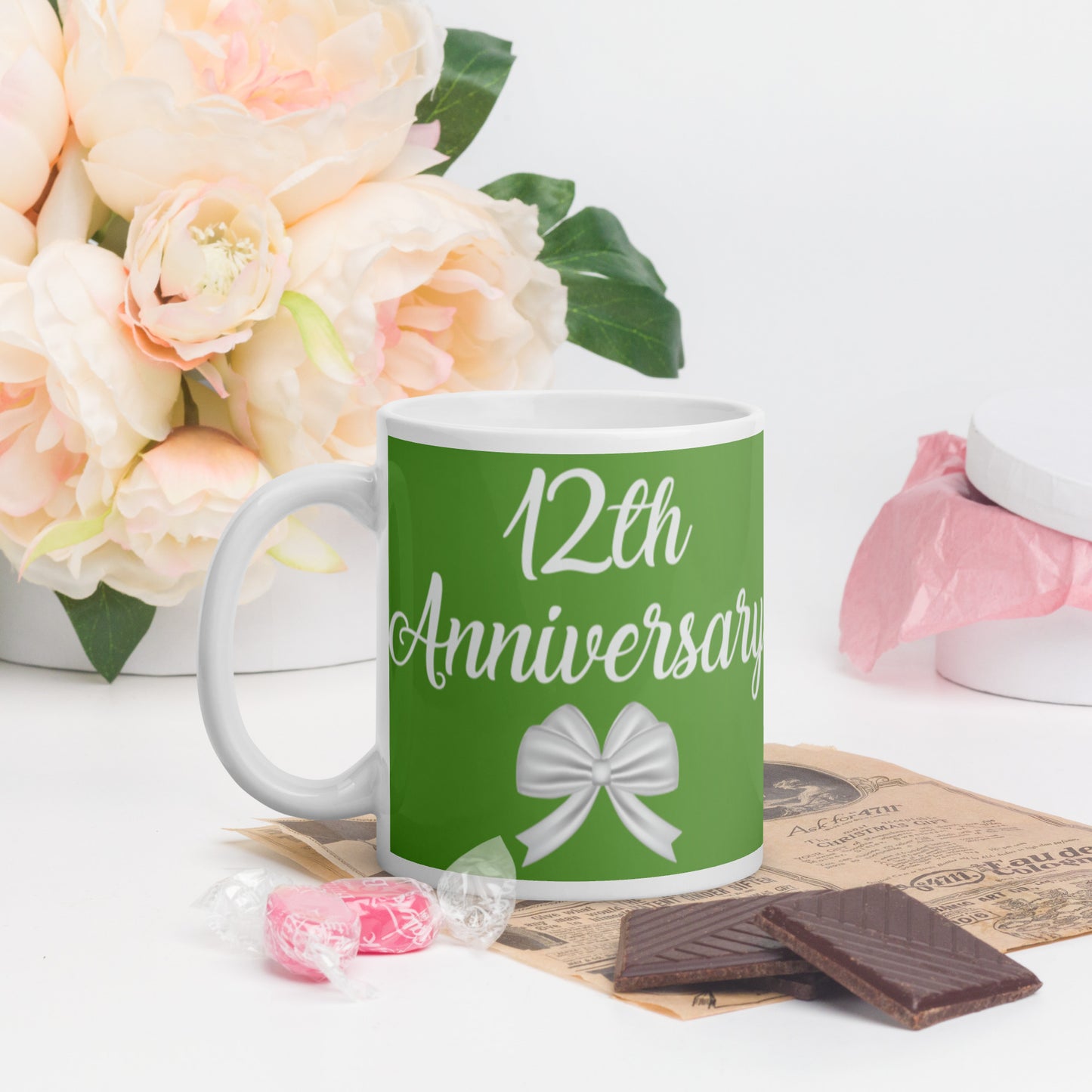 12th Anniversary White glossy mug