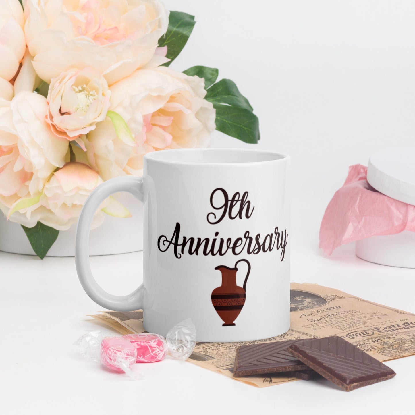 9th Anniversary White glossy mug