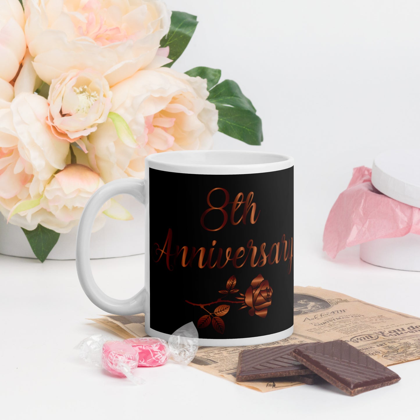 8th Anniversary White glossy mug