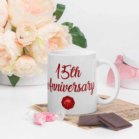 15th Anniversary White glossy mug