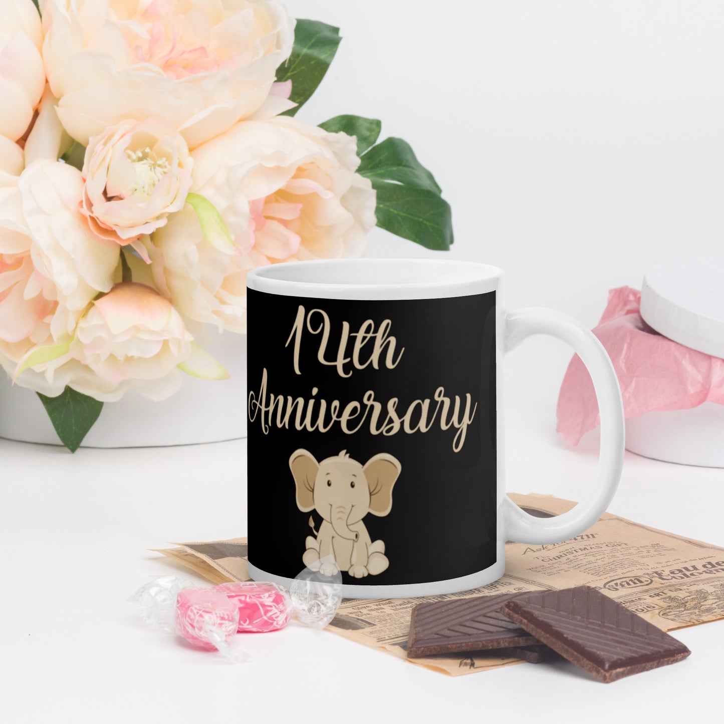 14th Anniversary White glossy mug