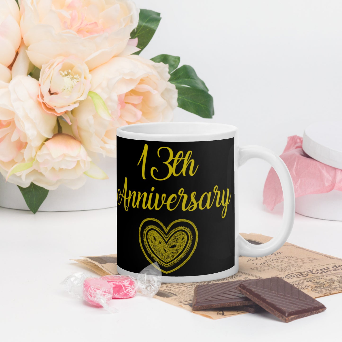 13th Anniversary White glossy mug