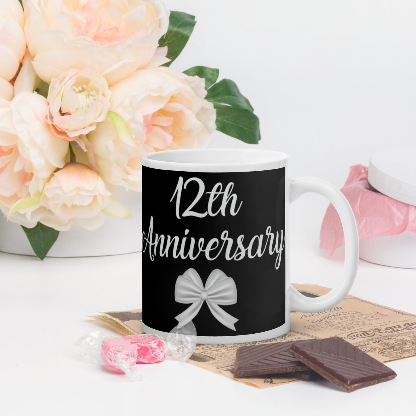 12th Anniversary White glossy mug