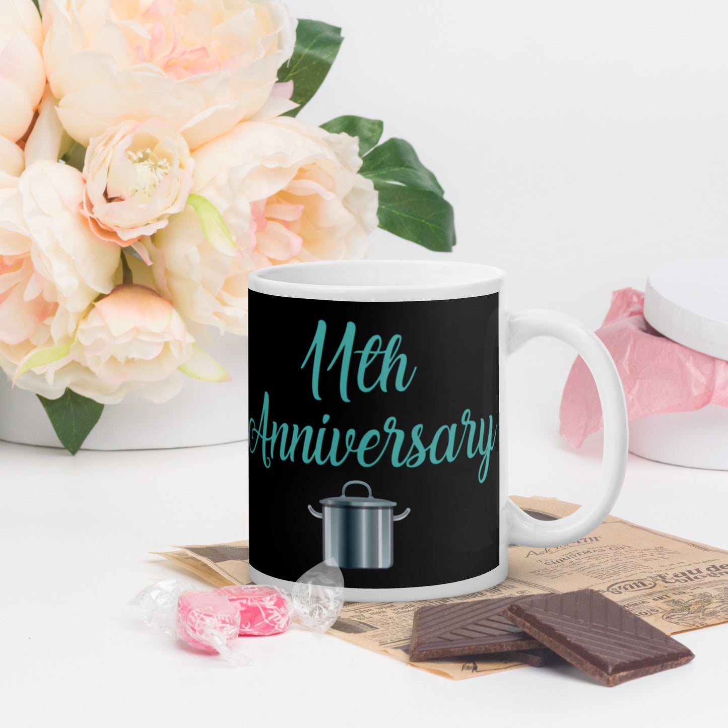 11th Anniversary White glossy mug