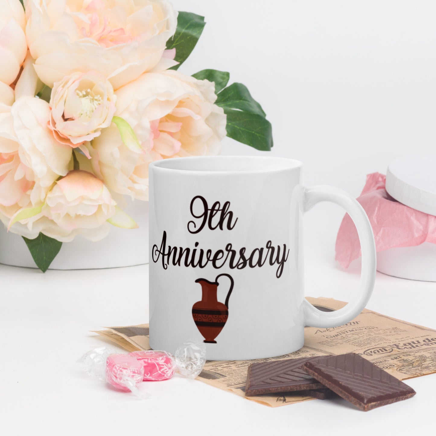 9th Anniversary White glossy mug