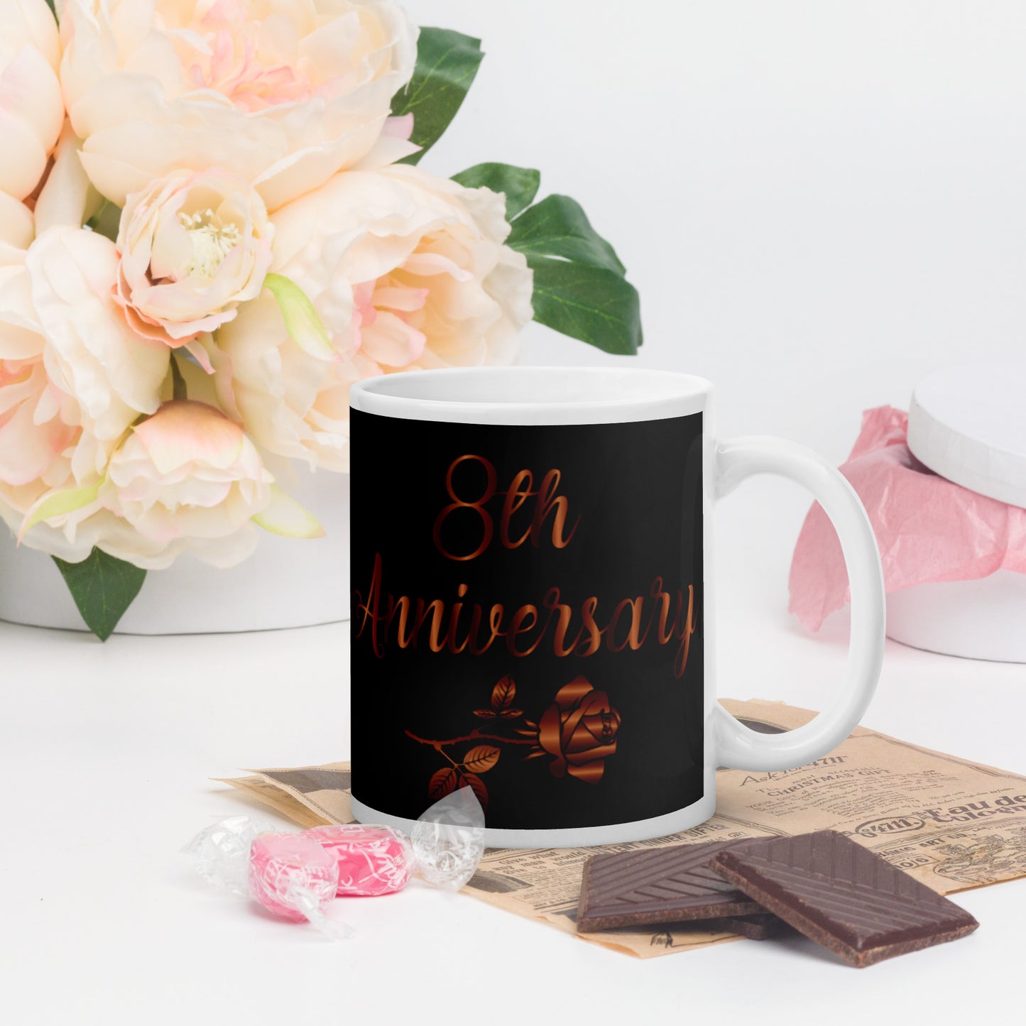 8th Anniversary White glossy mug