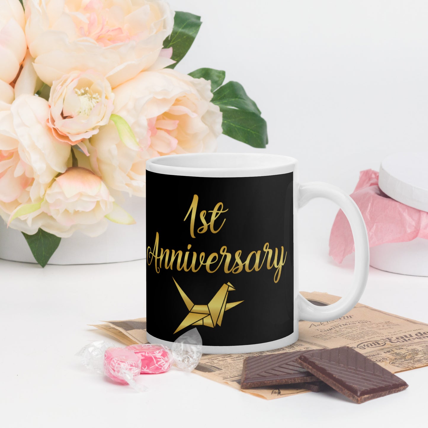 1st Anniversary White glossy mug