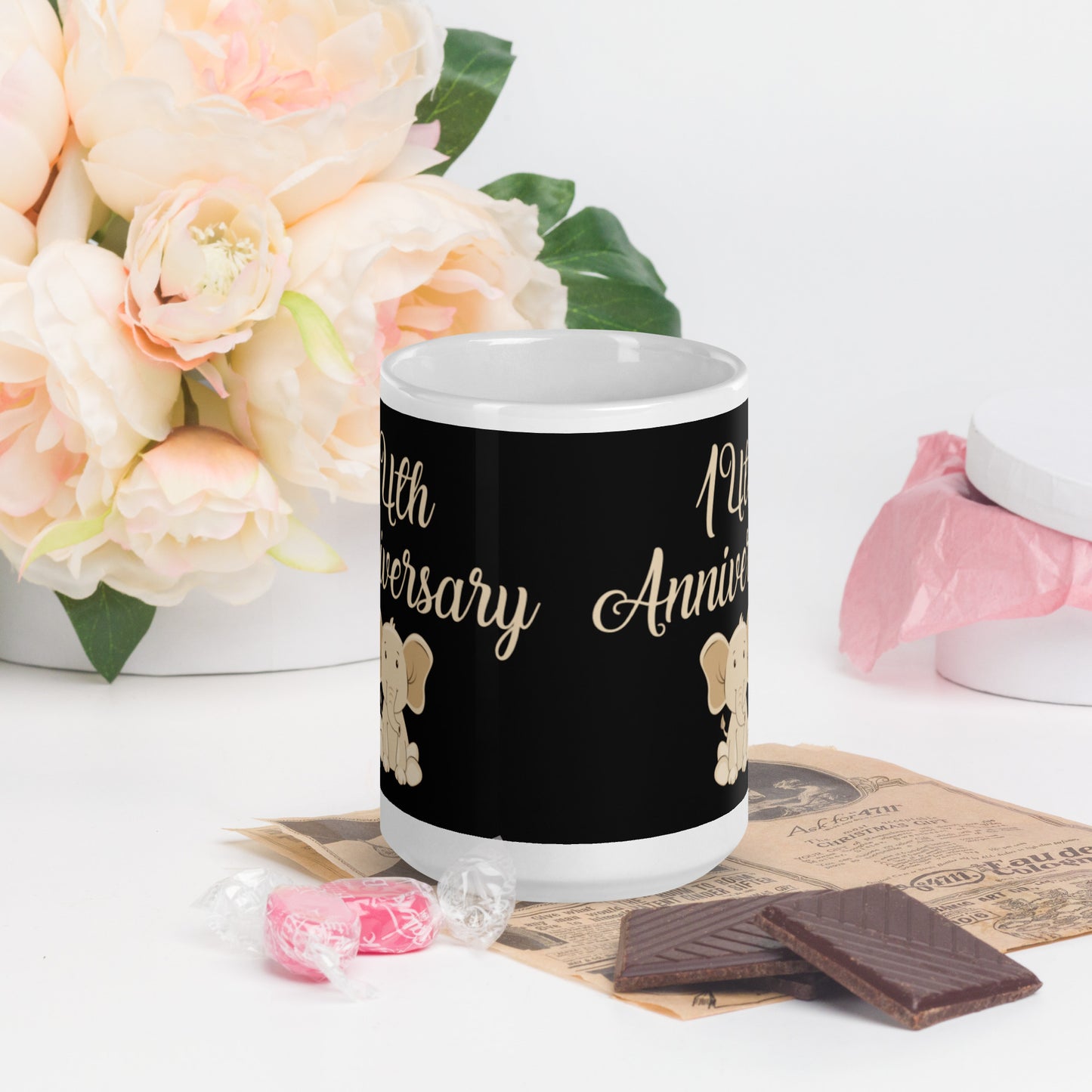 14th Anniversary White glossy mug