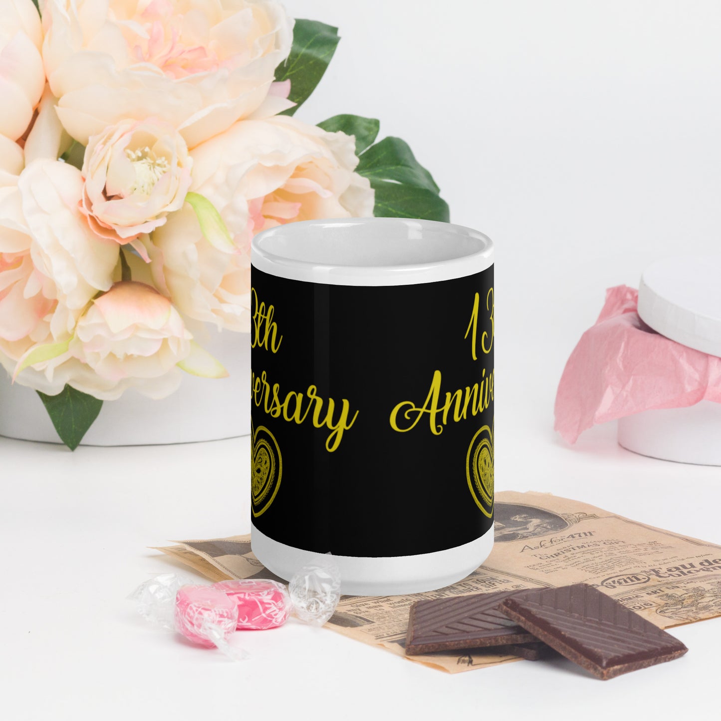 13th Anniversary White glossy mug