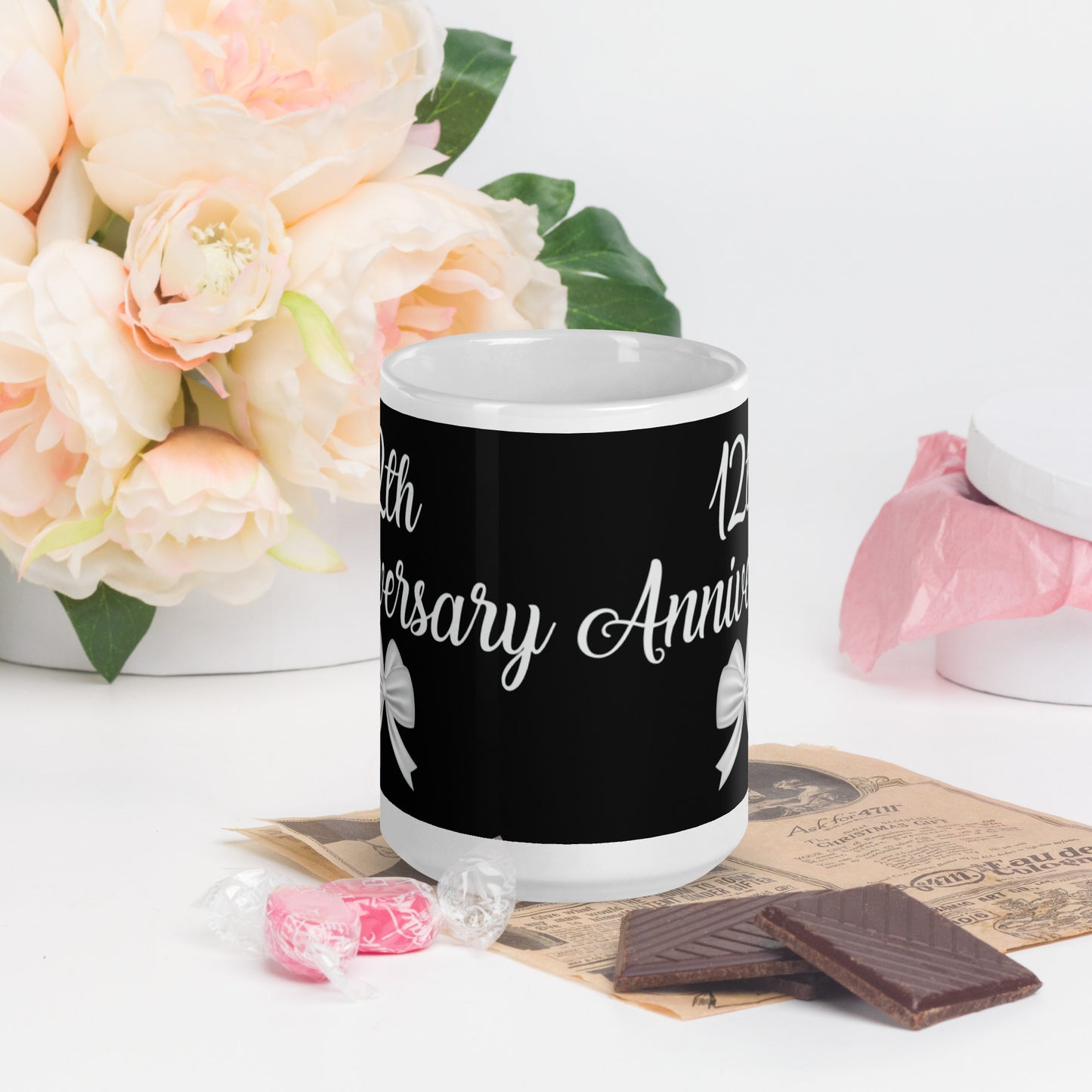 12th Anniversary White glossy mug