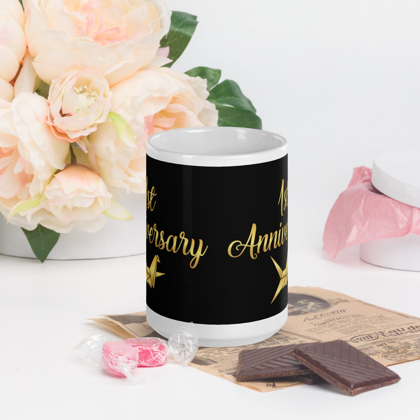 1st Anniversary White glossy mug