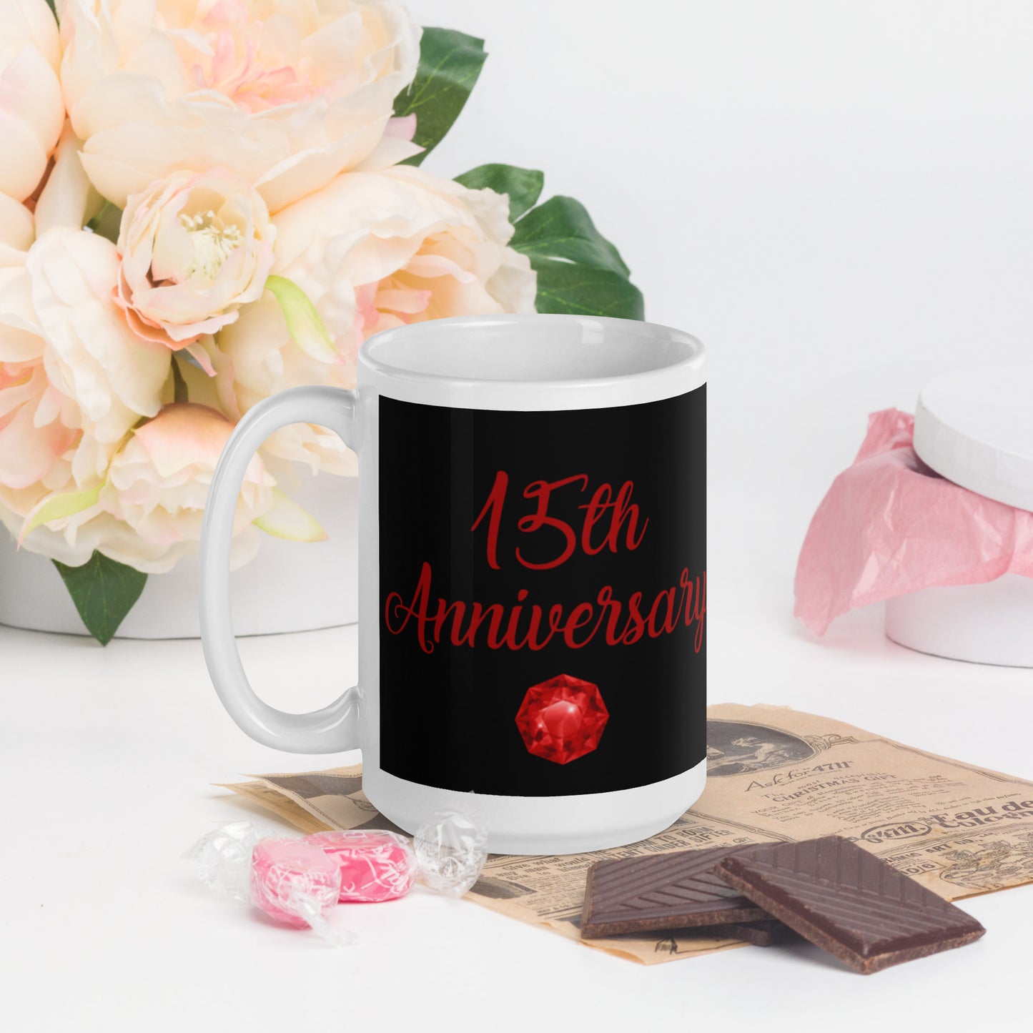 15th Anniversary White glossy mug