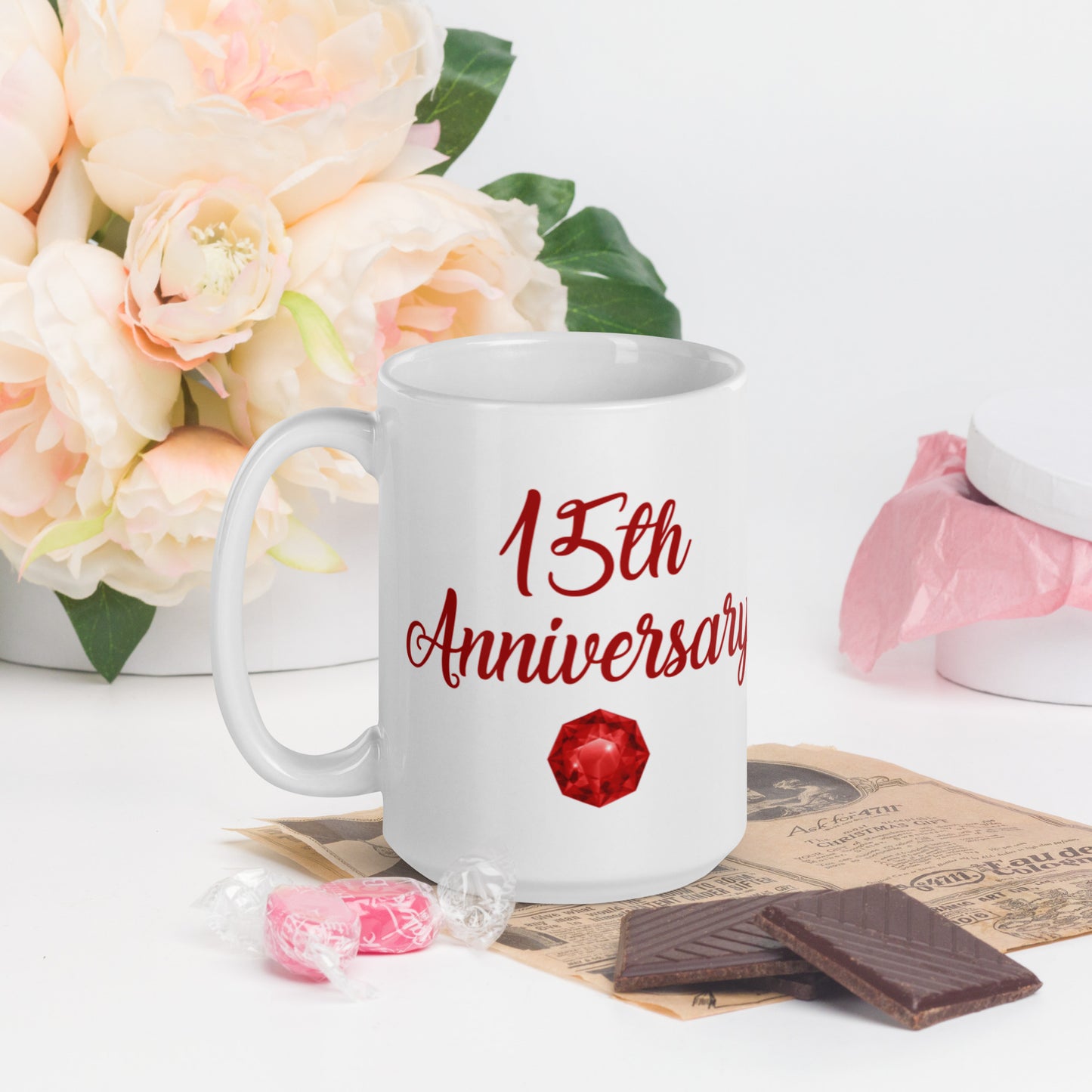 15th Anniversary White glossy mug