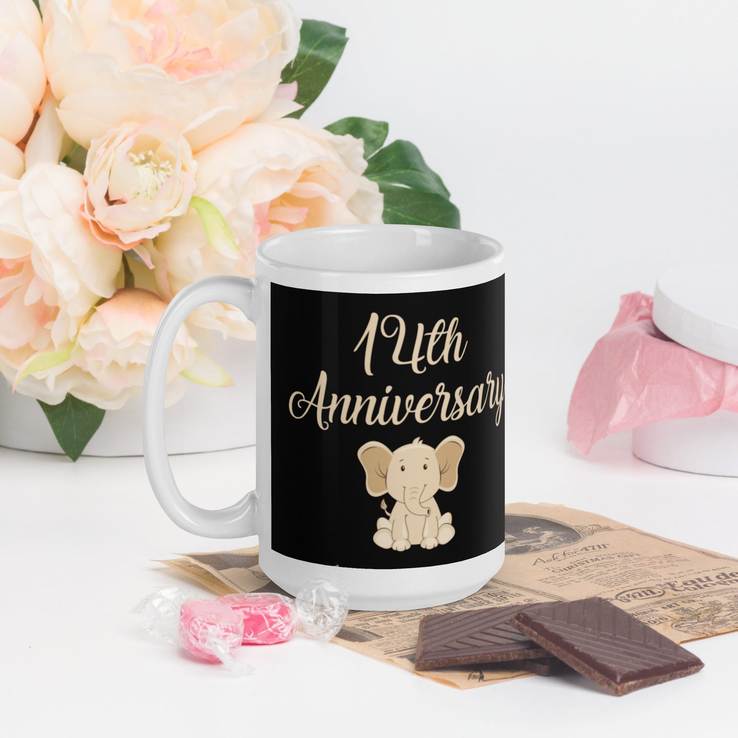 14th Anniversary White glossy mug