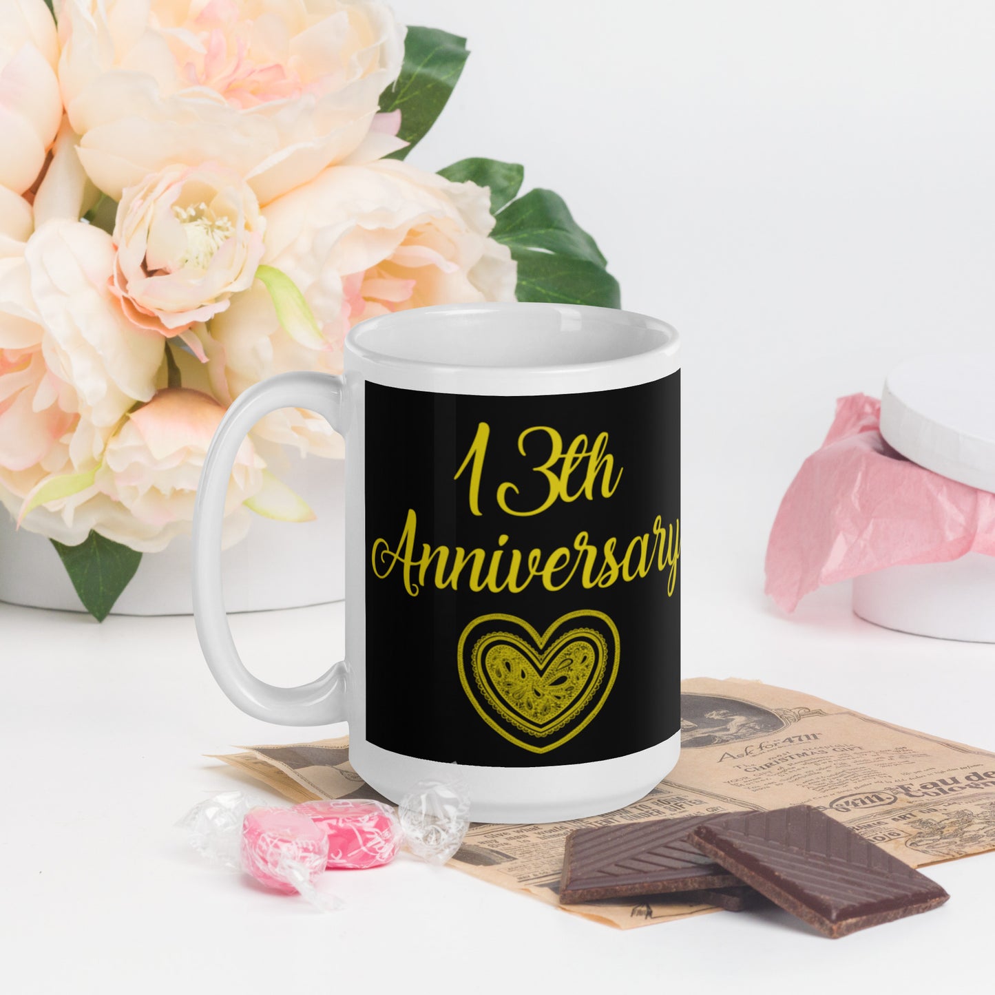 13th Anniversary White glossy mug