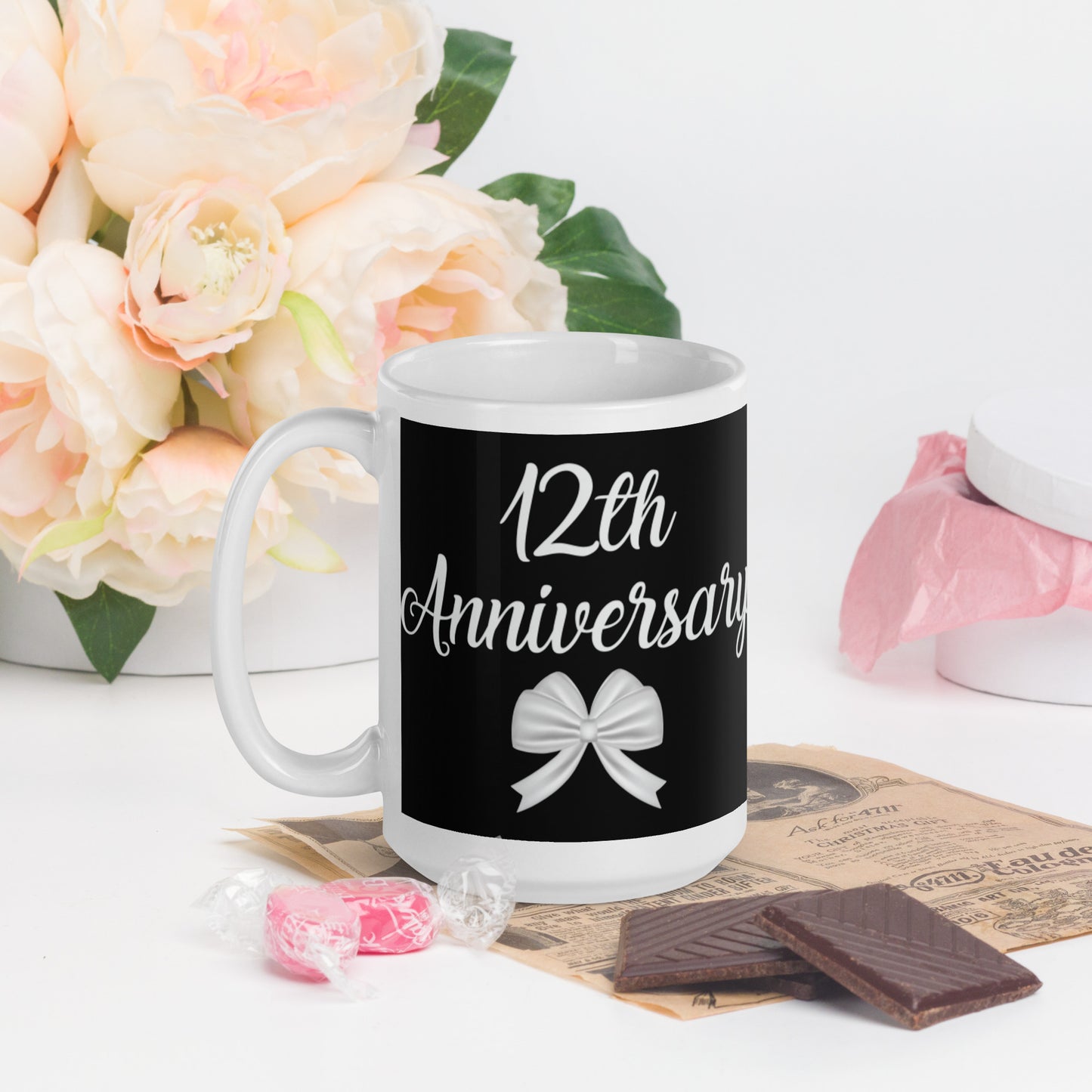 12th Anniversary White glossy mug