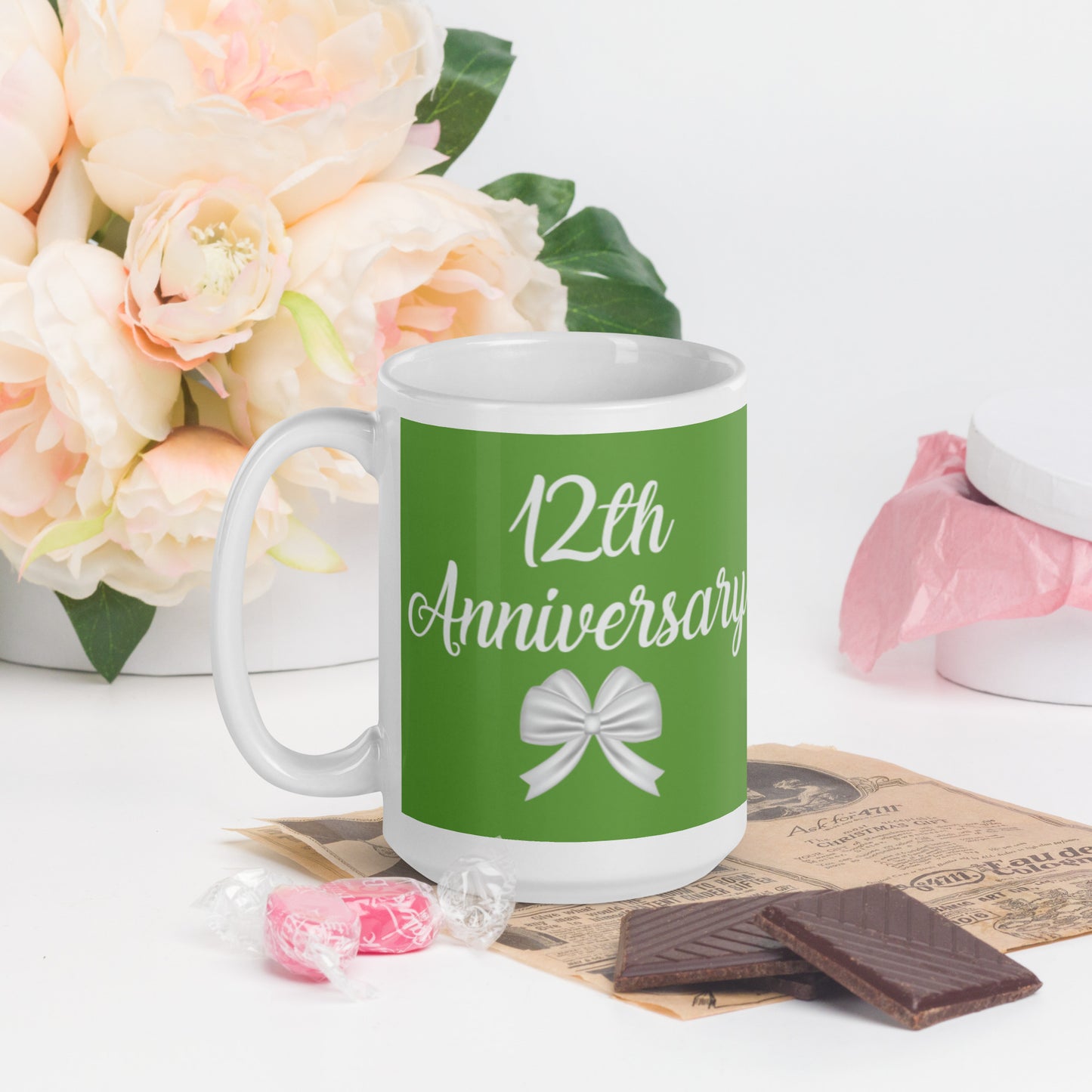 12th Anniversary White glossy mug