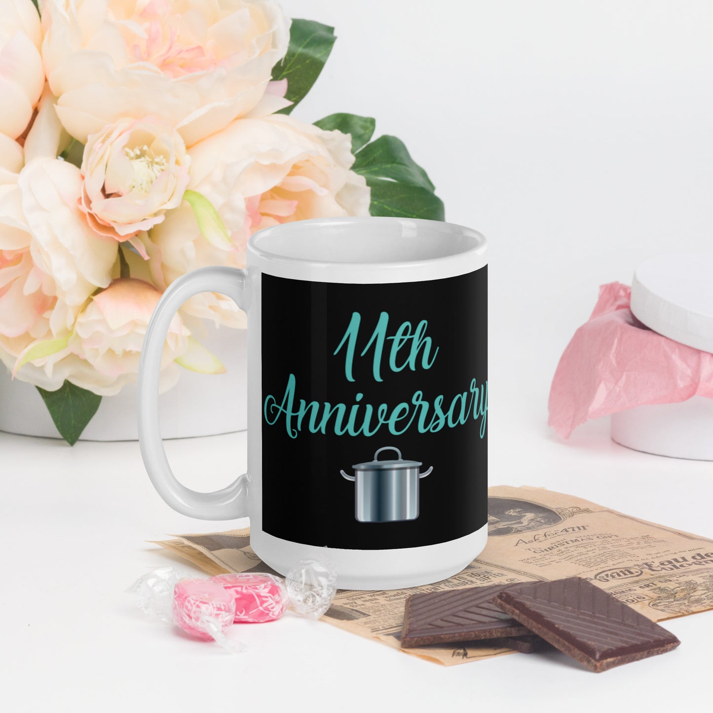 11th Anniversary White glossy mug