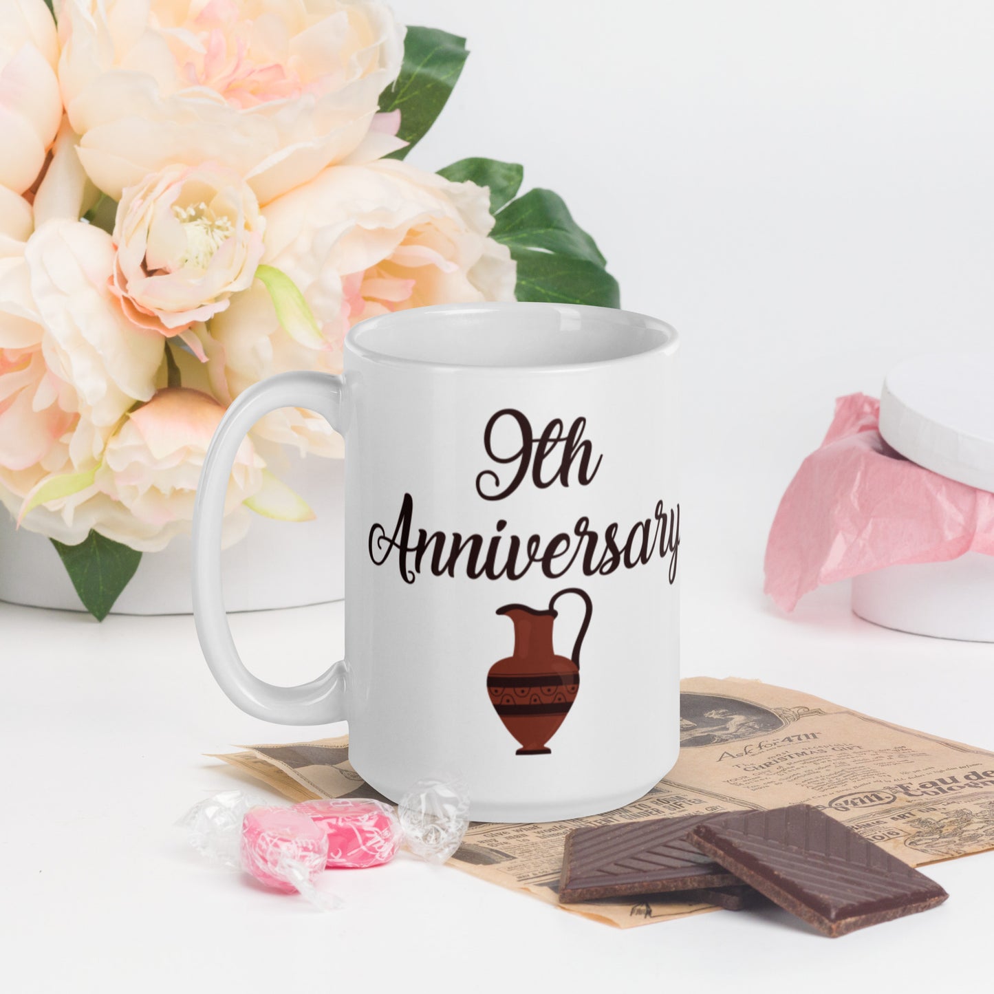 9th Anniversary White glossy mug