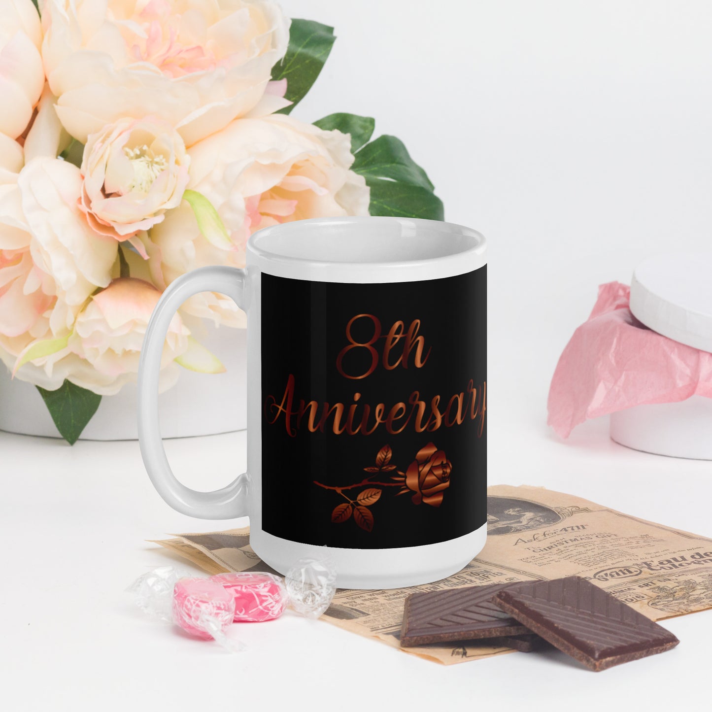 8th Anniversary White glossy mug