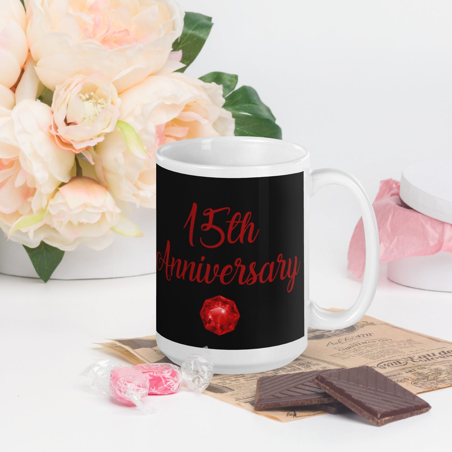 15th Anniversary White glossy mug