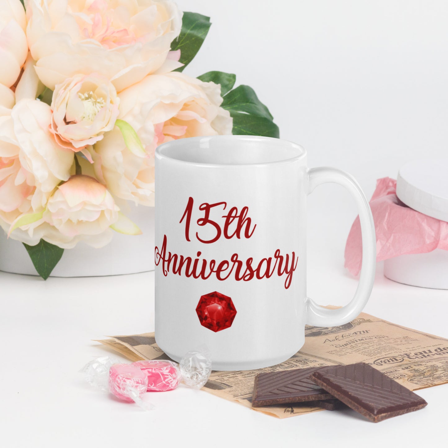 15th Anniversary White glossy mug