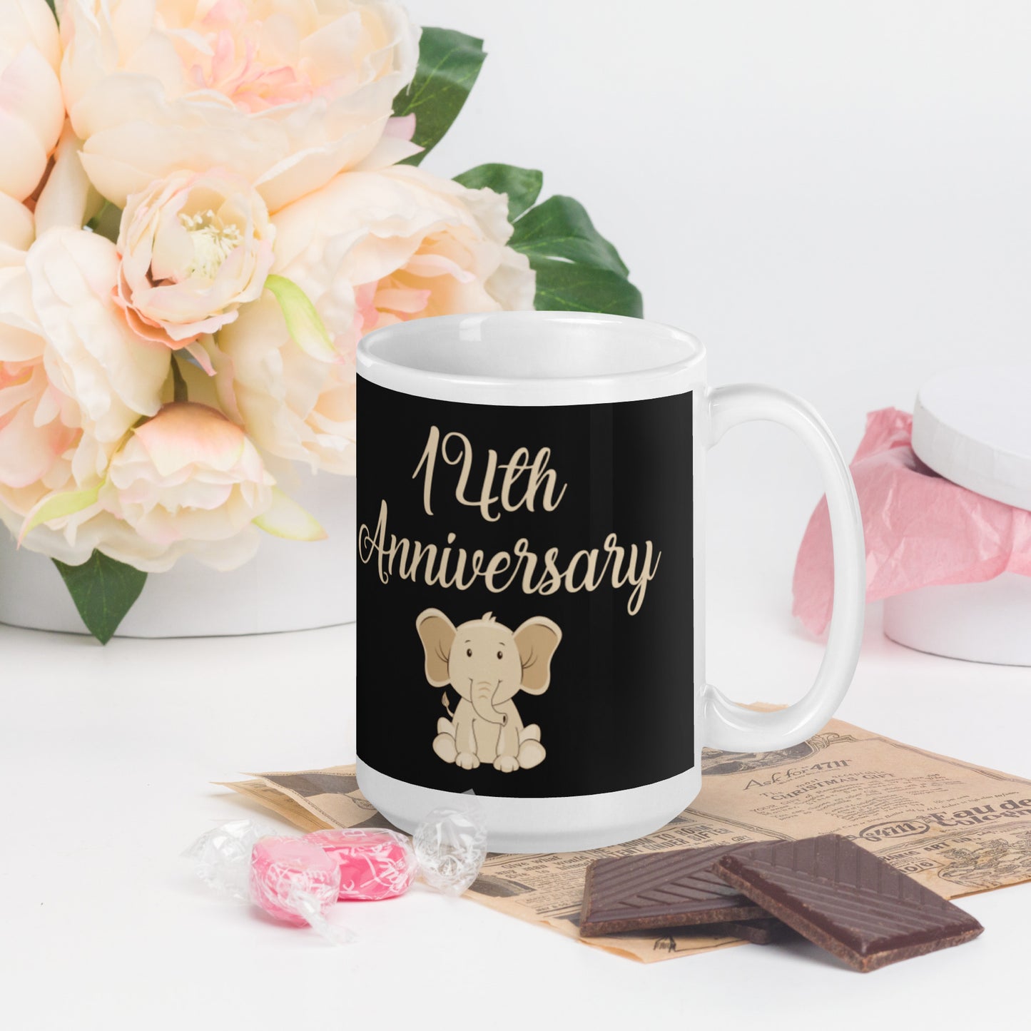 14th Anniversary White glossy mug