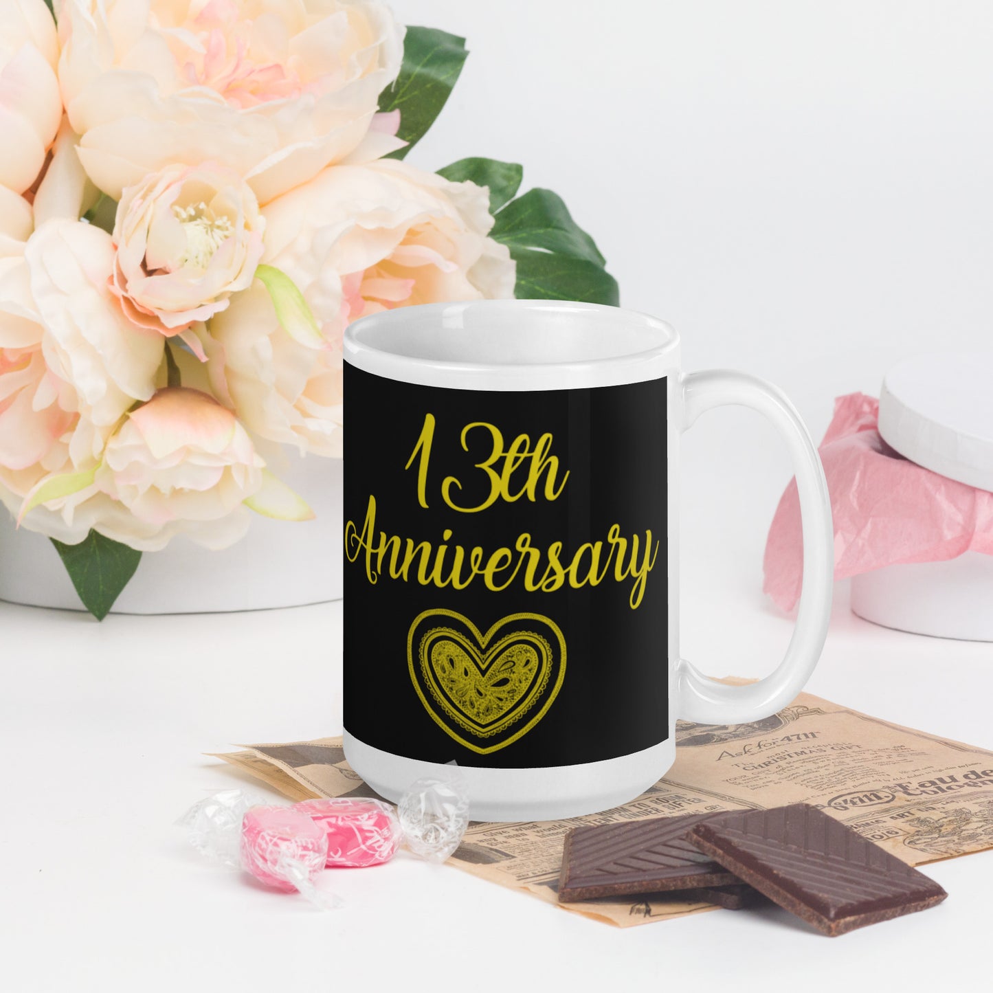 13th Anniversary White glossy mug