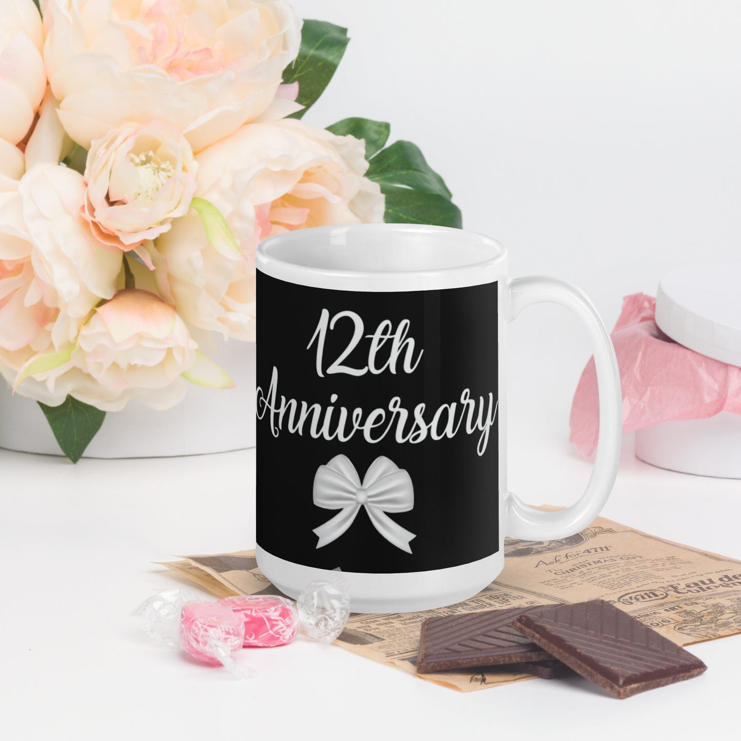 12th Anniversary White glossy mug