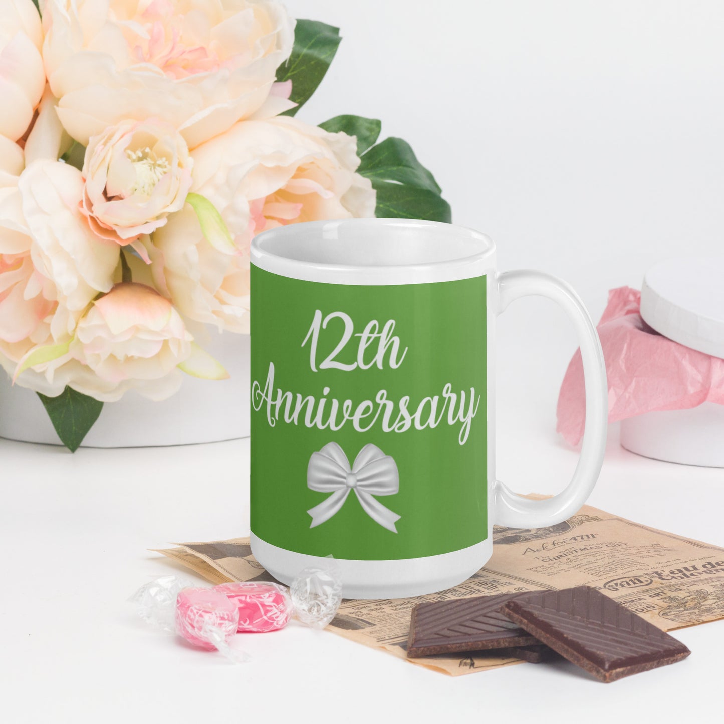 12th Anniversary White glossy mug