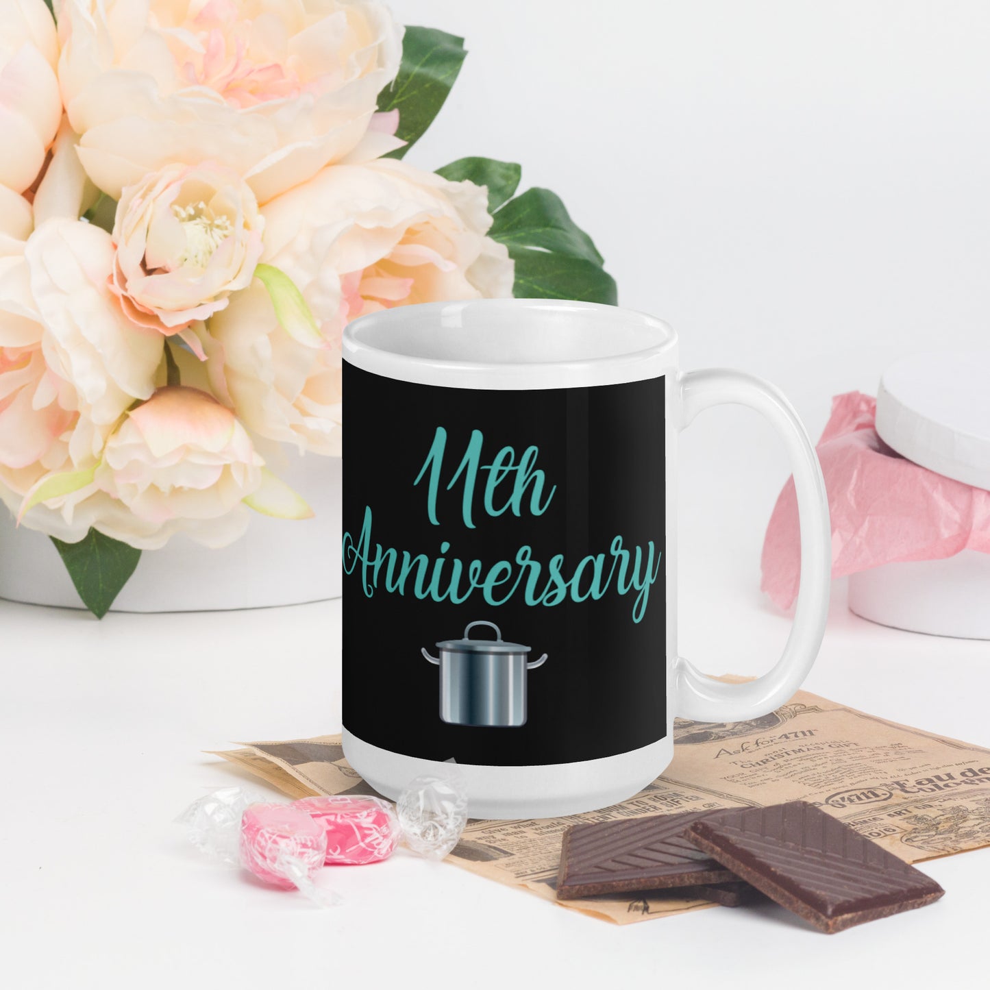 11th Anniversary White glossy mug