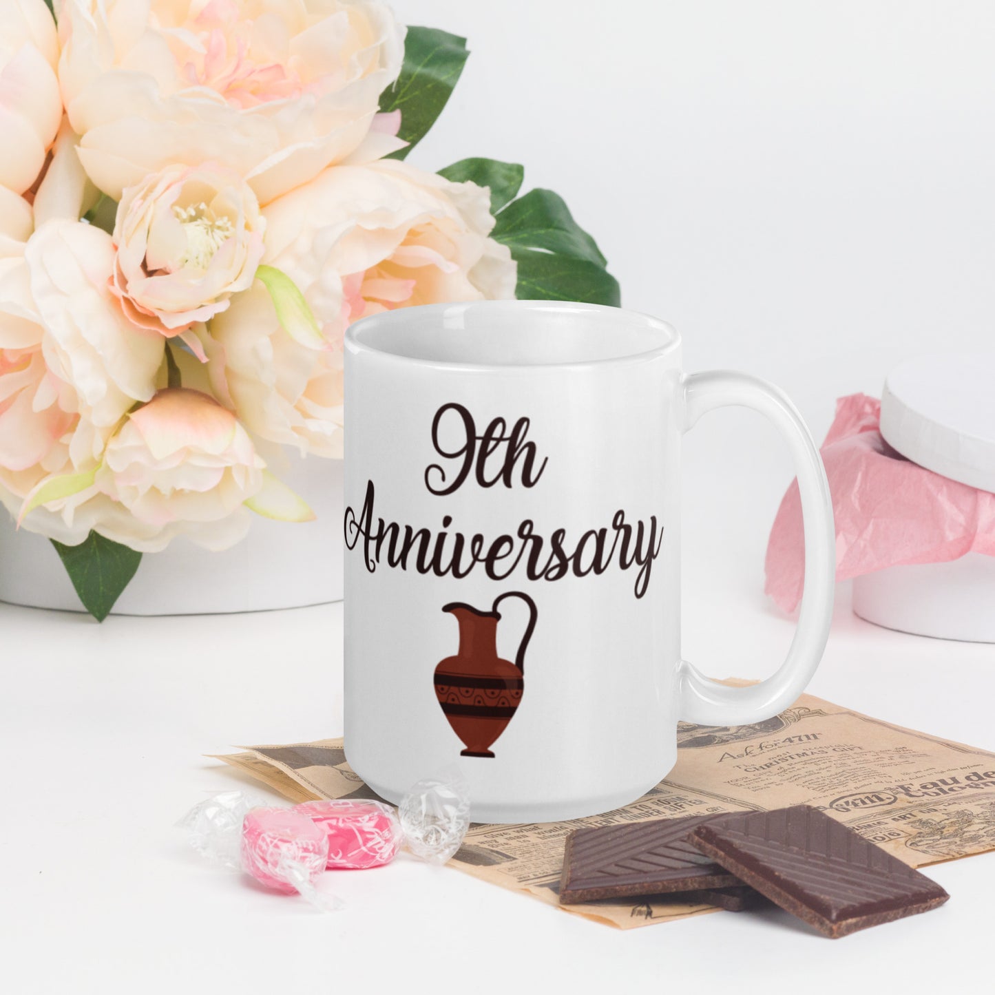 9th Anniversary White glossy mug