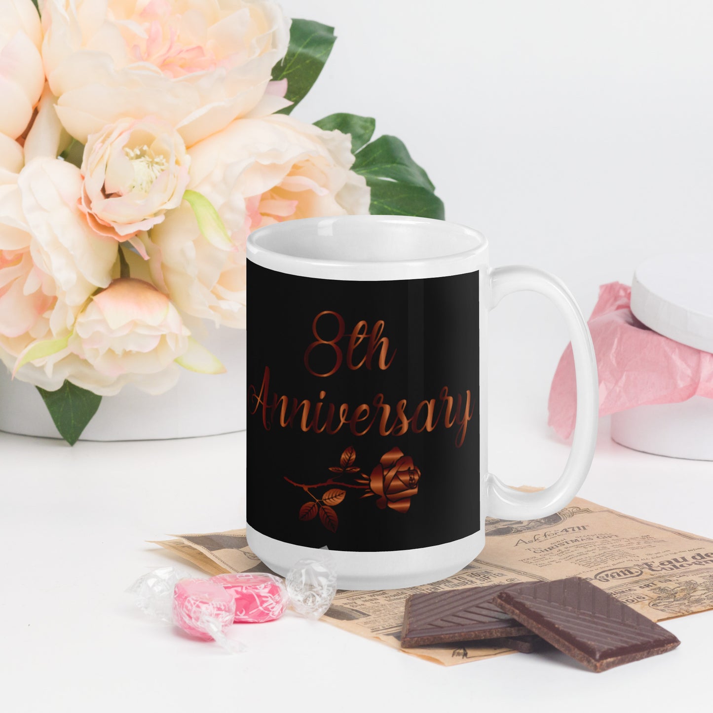 8th Anniversary White glossy mug