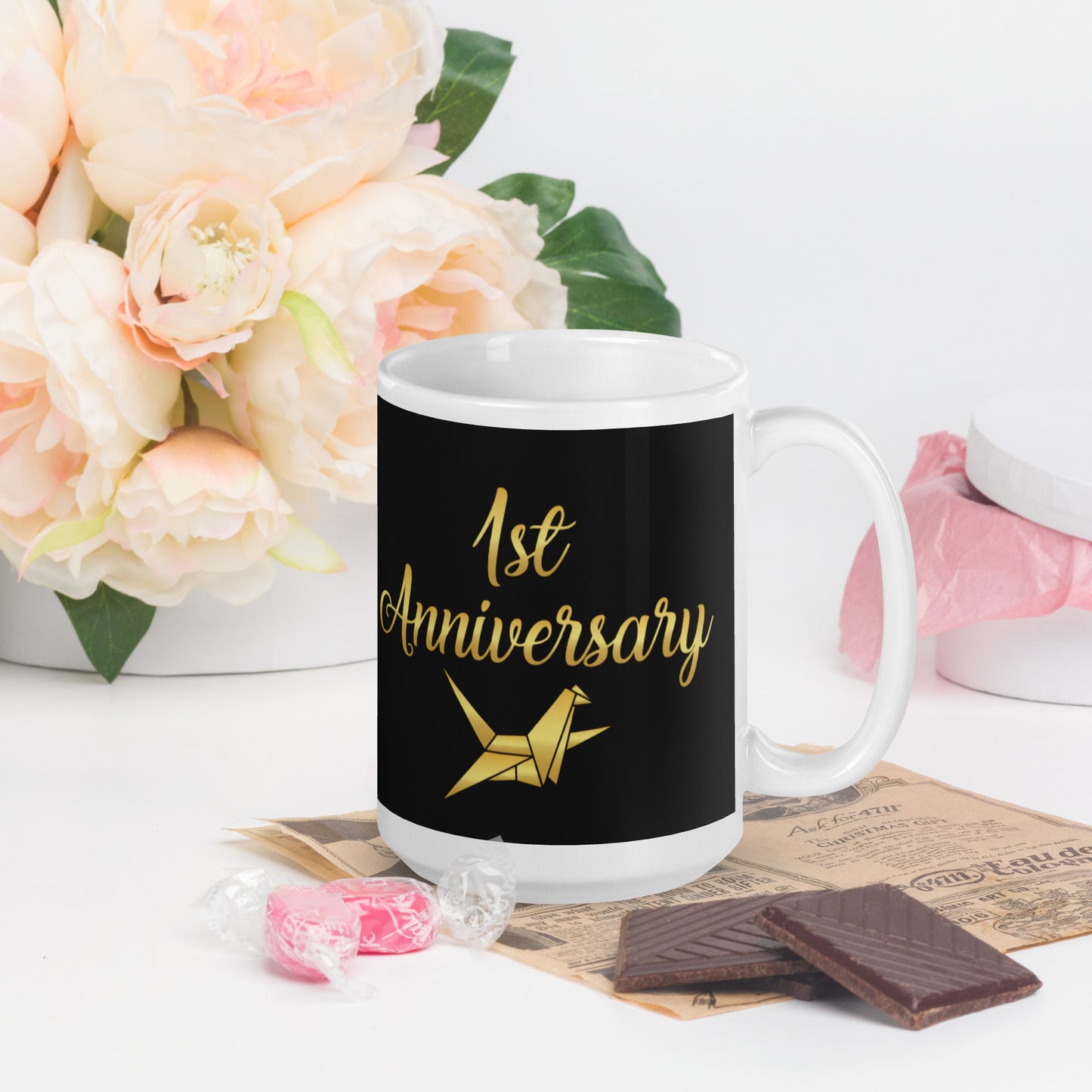 1st Anniversary White glossy mug